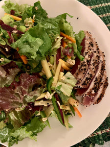 Crunchy Asian-inspired salad with seared sesame tuna