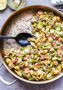 Brussels Sprouts and Bacon Pesto Pasta