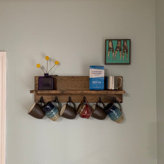 Coffee Cup Mug Rack with Shelf | Rustic Modern Wood Wall Mounted Shelf & Coffee Cup Mug Holder Display Hook Organizer Ledge by DistressedMeNot