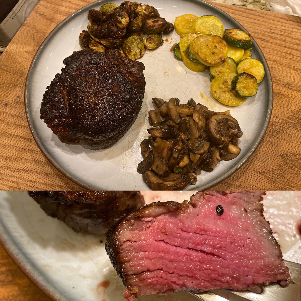 I made 2.5” Medium Rare Filet with charred Brussel sprouts in Asian sauce, Creamed squash and zucchini, and sautéed mushrooms. 5*’s .