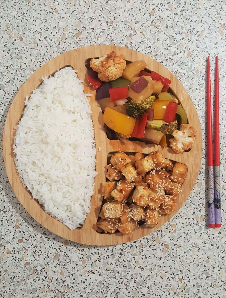 Sweet and sour veggies with crisp tofu and Jasmine rice